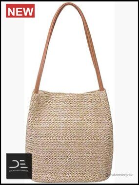 Straw Woven Bucket Tote Handbag with PU Leather Handles, Magnetic Closure,